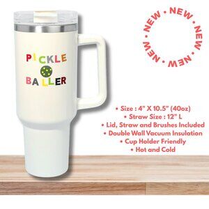 White PICKLEBALL Lovers Players 40 oz Stainless Steel Travel Tumbler Coffee Mug
